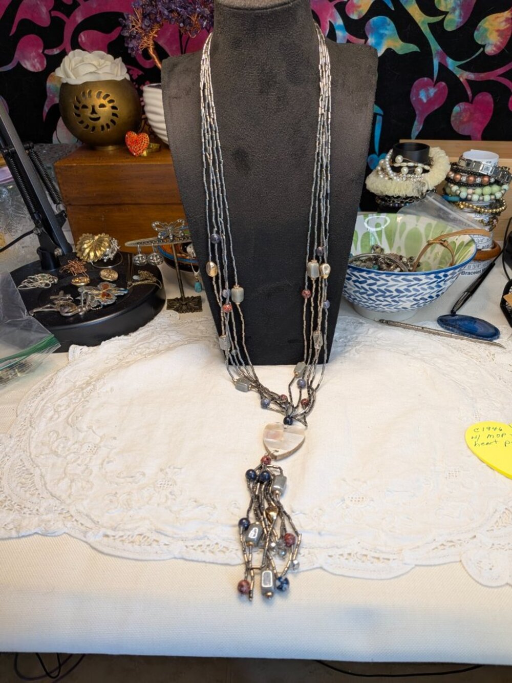 C1946 Long Y Necklace with MOP Tiled Wooden Heart Pendant